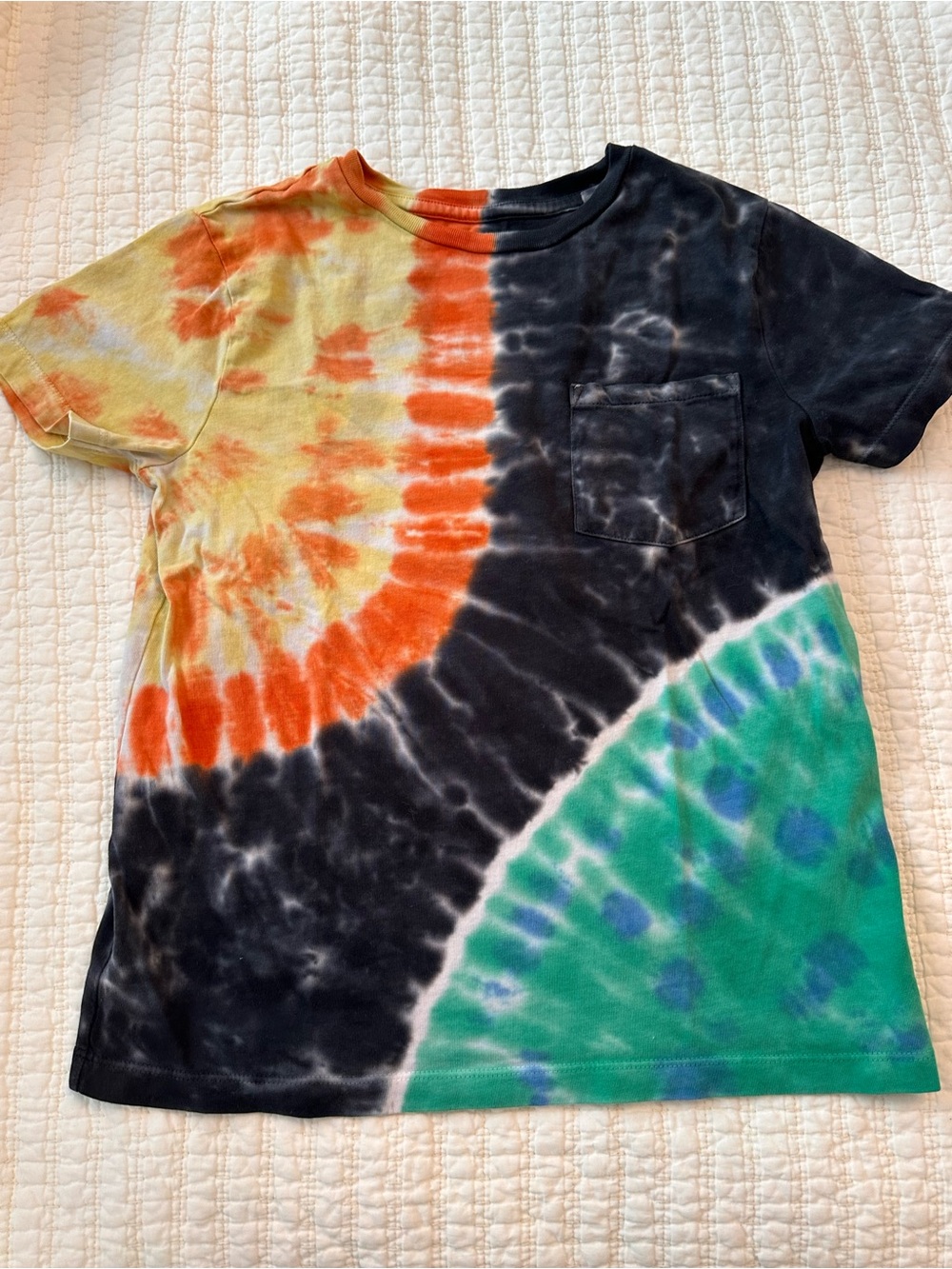 Mini Boden Kids Tie-Dye Pocket Tee in Black, Orange, Yellow & Green